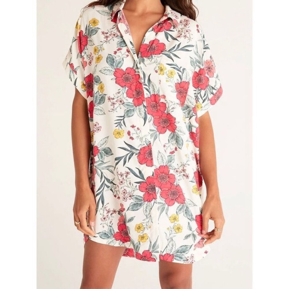Z Supply White Floral Button-Down Dress with Red & Yellow Flowers